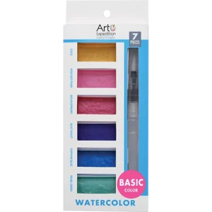 Rectangle Watercolor Cakes with Brush Pen Basic Colors 7 Pcs