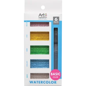 Rectangle Watercolor Cakes with Brush Pen Basic Colors 6 Pcs.