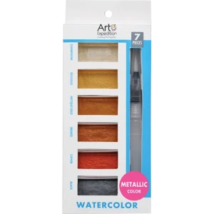 Rectangle Watercolor Cakes with Brush Pen Metallic Colors 7 Pcs.