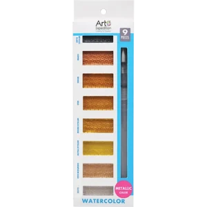 Rectangle Watercolor Cakes with Brush Pen Metallic Colors 9 Pcs.