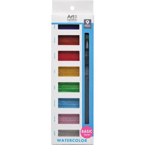 Rectangle Watercolor Cakes with Brush Pen Basic Colors 9 Pcs