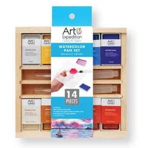 14 Pcs. Semi-Moist Watercolor Pan Set in Wooden Box